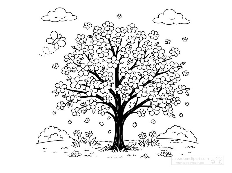 Black and white coloring page of flowering spring tree surrounded by butterflies and petals