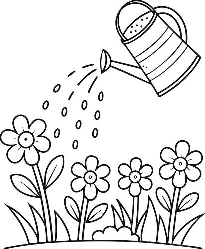 Kids can enjoy coloring a watering can pouring water onto flowers