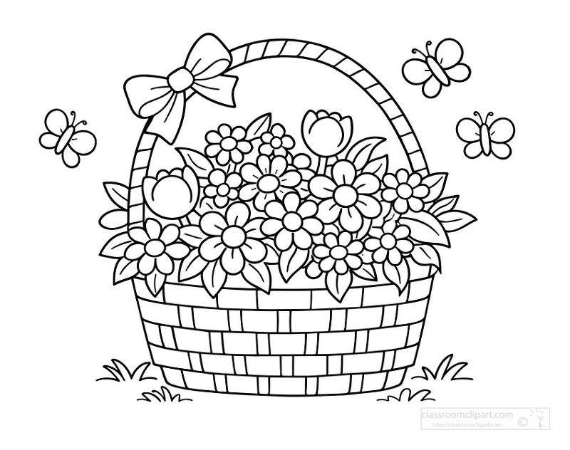 Black and white coloring page of woven basket filled with spring flowers and butterflies