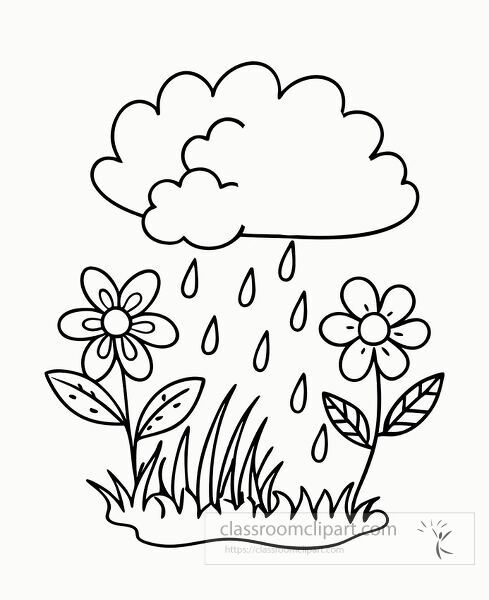 Enjoy a delightful printable coloring page featuring flowers and rain