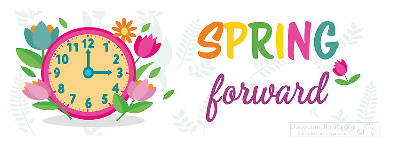 Creative spring forward design featuring bright clock and floral elements