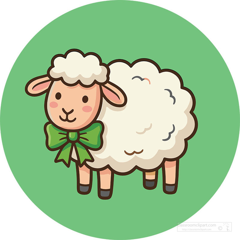 Cute white lamb wearing a green bow on bright green circle