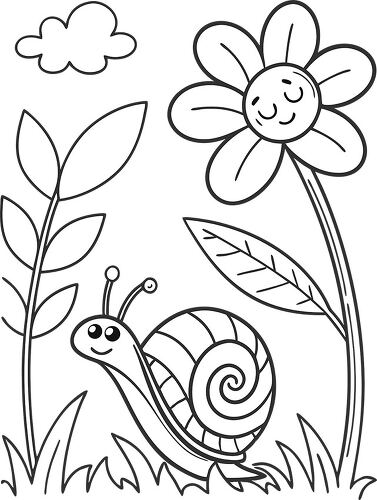 Coloring page shows a snail crawling near a happy flower and cloud