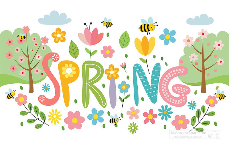 Colorful spring lettering decorated with blooming flowers trees leaves and flying bees