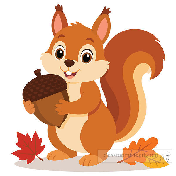 A smiling squirrel stands holding a large acorn with red orange and yellow fall leaves around it