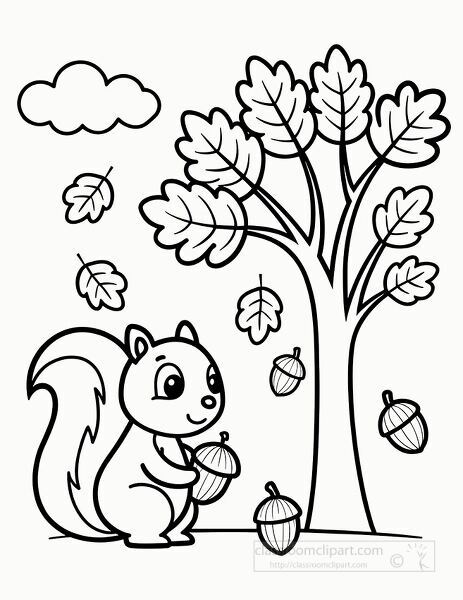 Black and white line drawing of a squirrel holding acorns under an autumn tree with falling leaves perfect for kids coloring activities