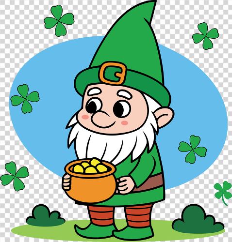 Gnome enjoys St Patricks Day with a pot of gold and clovers