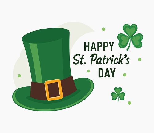 A green leprechaun hat with a golden buckle and festive St. Patricks Day lettering surrounded by shamrocks