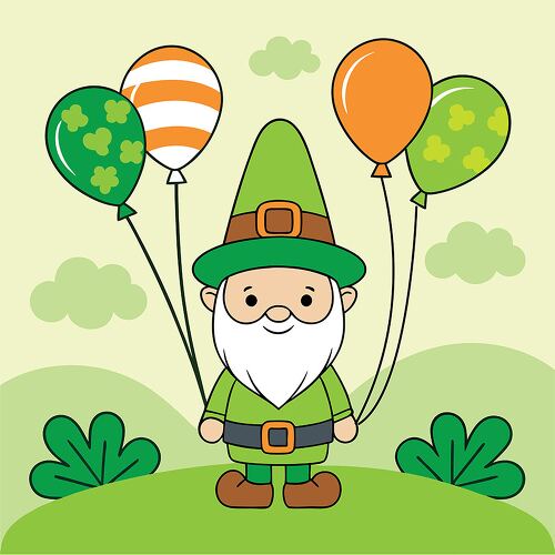 A cute leprechaun standing in a green field holding shamrock-shaped balloons perfect for St Patricks Day celebrations