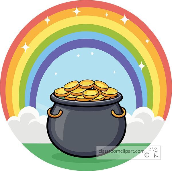 A pot of gold gleams at the end of a rainbow amidst clouds and colors