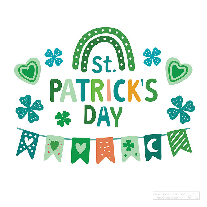 Cute St Patricks Day graphic featuring a green rainbow shamrocks hearts and a festive banner perfect for spring holiday crafts cards and classroom decor