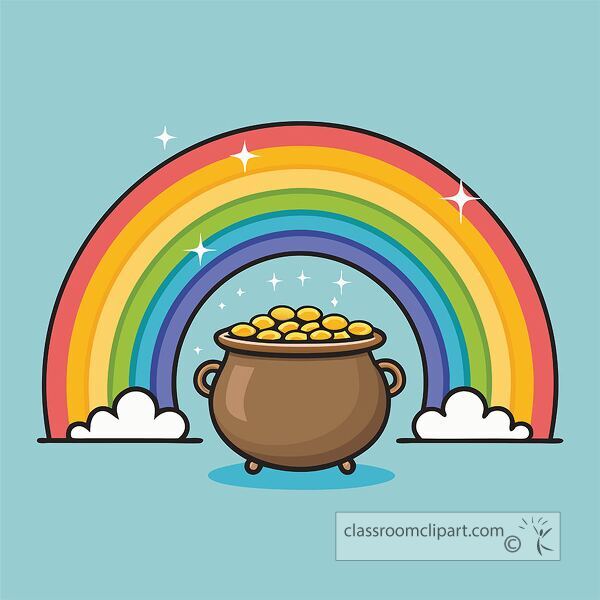 Colorful pot of gold sits beneath a vibrant rainbow celebrating St Patricks Day