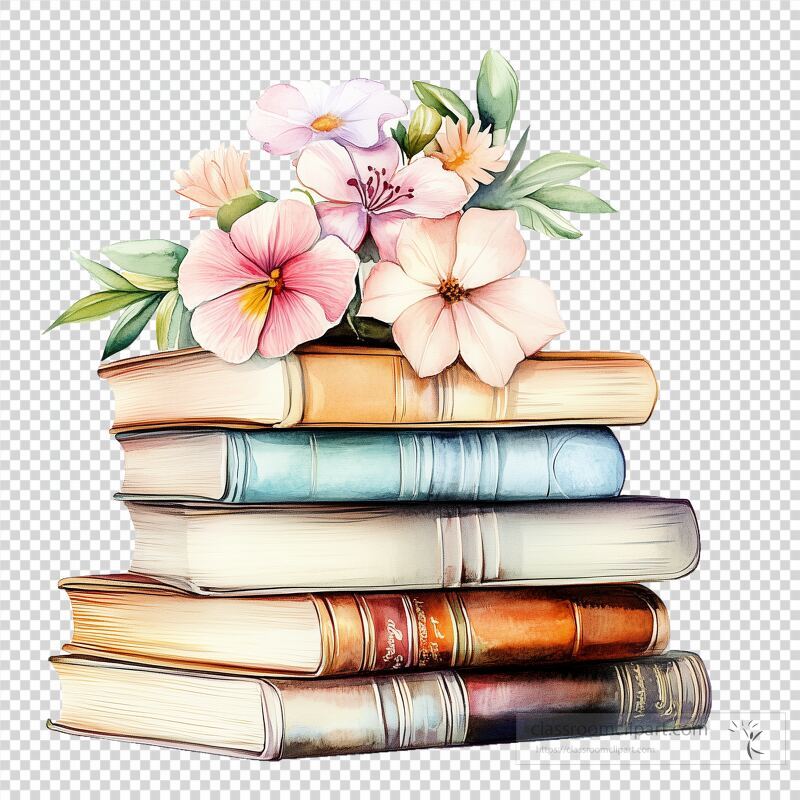 A colorful stack of vintage books displays an arrangement of fresh flowers on top The flowers include soft pink and white blooms, adding a touch of nature to the rustic charm of the books