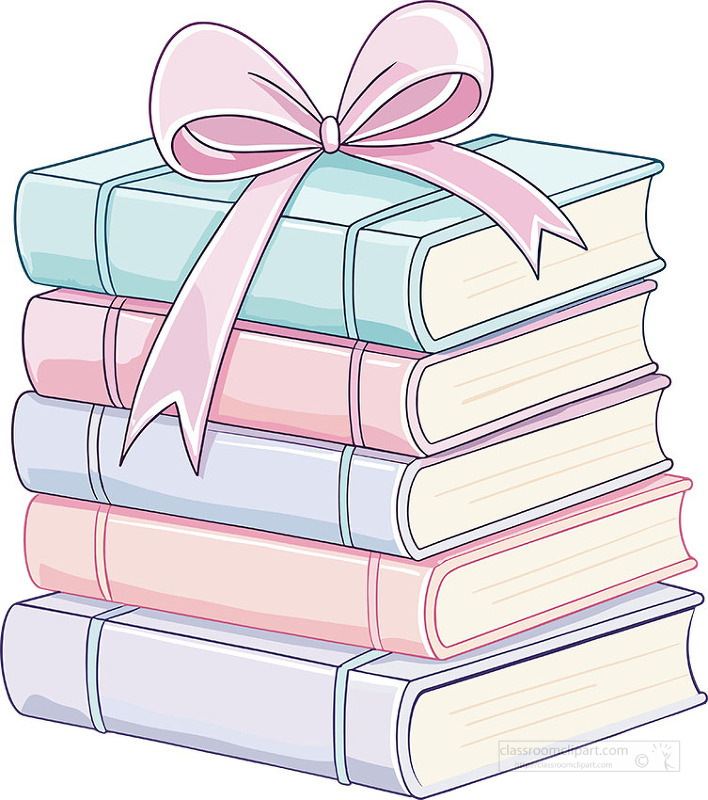 stack of books tied with pink ribbon for gift and reading themes