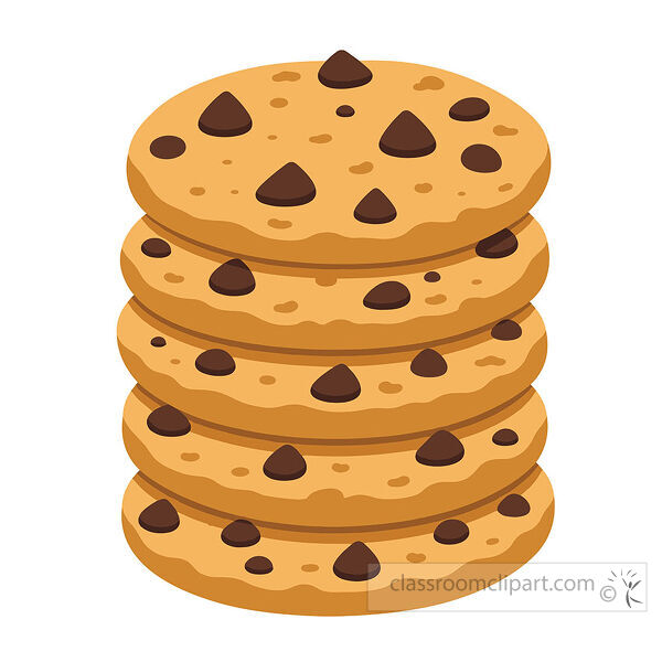 A tall stack of chocolate chip cookies shows round cookies with large dark chocolate chips