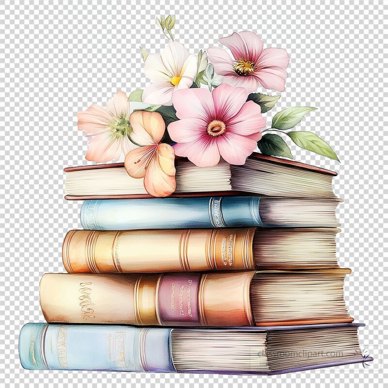 A collection of vintage style books is arranged in a neat stack, showcasing various colors Atop the books, vibrant flowers in shades of pink, yellow, and white create a charming, decorative touch, blending nature with literature beautifully