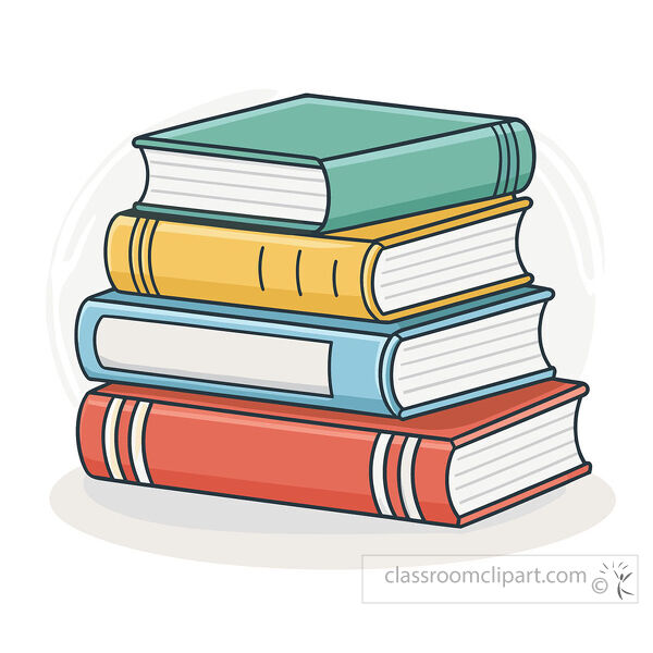 Stack of colorful school subject books with rounded covers and visible pages