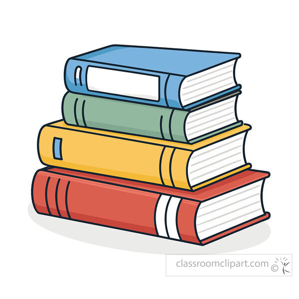 Stack of four colorful books with visible pages and simple shadows