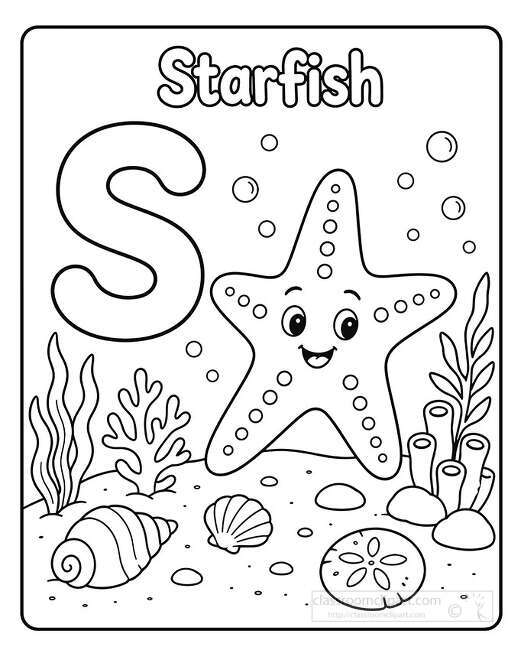 Smiling starfish underwater with a large letter S bubbles seaweed coral shells sand dollar and ocean floor