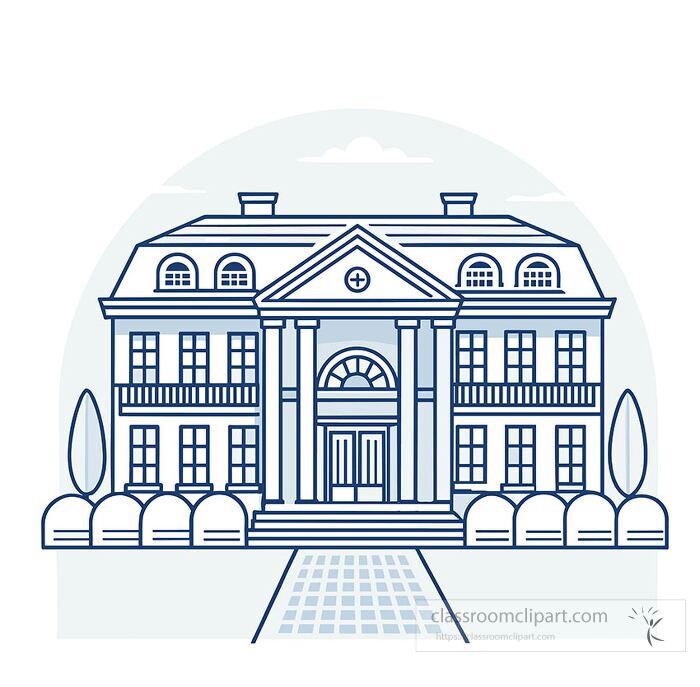 Elegant line art illustration of a stately mansion featuring a grand columned entrance and symmetrical landscaping
