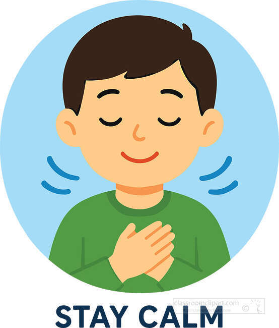 Smiling child with eyes closed and hands on chest with Stay Calm text on blue background