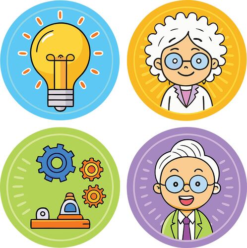 A set of four colorful STEM-themed stickers featuring a glowing light bulb, a scientist, mechanical gears, and a professor.