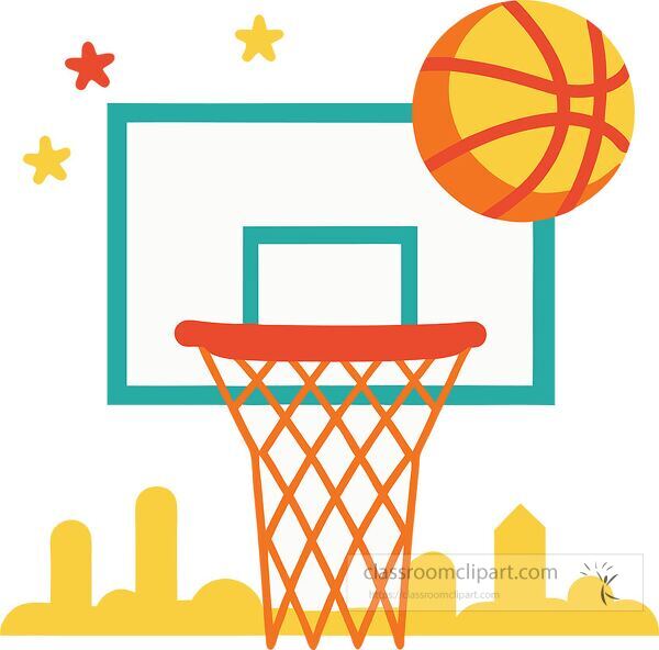 A colorful depiction of a basketball going into a hoop in a city