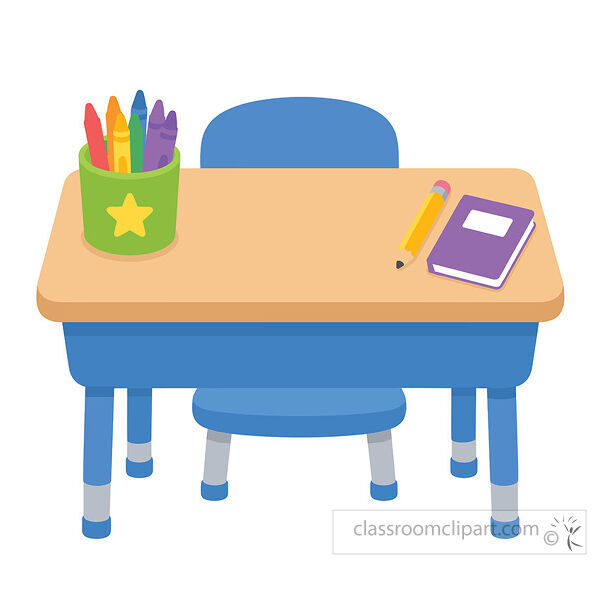 Student desk clipart with a blue chair crayon cup yellow pencil and purple notebook on a wooden tabletop