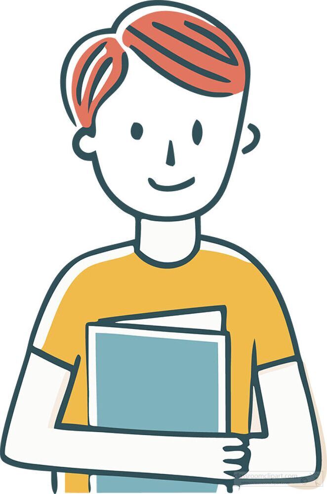 A cheerful student with short hair is holding a book close to their chest The character has a hand drawn look suggesting creativity and a love for learning