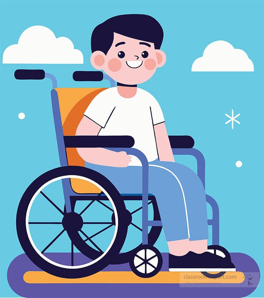 A student sits in a wheelchair with a cheerful expression The background features a clear blue sky with fluffy white clouds The scene conveys happiness and positivity