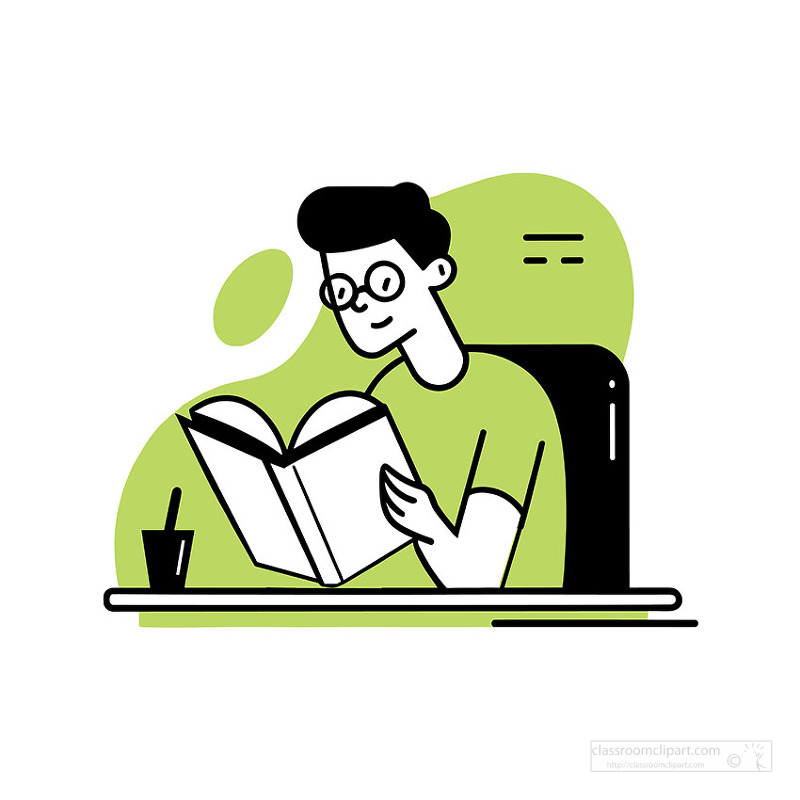 Focused student reading a book at desk in simple modern cartoon style