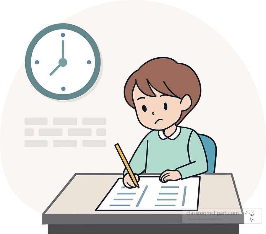 illustration of a cartoon boy stressed while writing test sitting at desk with clock on wall