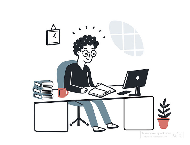 Focused student studying at desk with desktop computer books and coffee mug