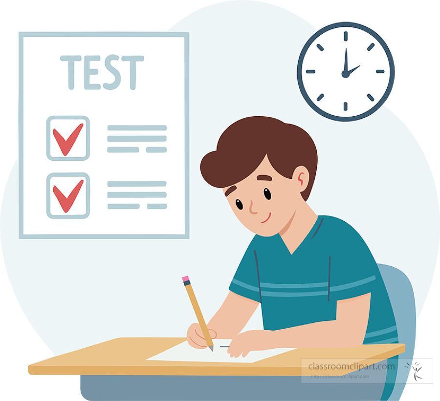 cartoon vector of boy sitting at desk writing a test with a large clock and test paper on wall