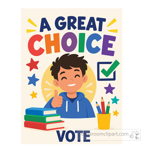 Smiling student gives a thumbs up below A Great Choice text with books pencils stars and a vote message