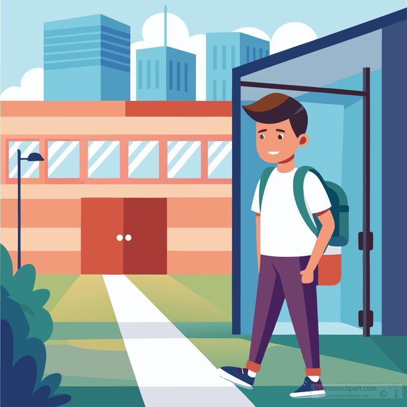 A student with a backpack walks out of a modern school building in an urban setting. The pathway leads towards a city skyline with tall buildings in the background.