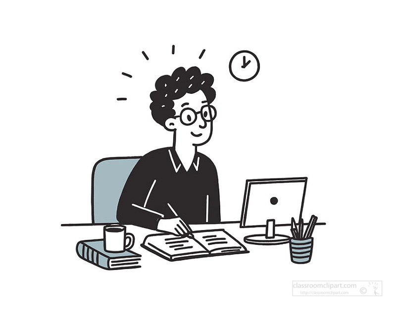 Focused student working at desk with computer notebook coffee and clock