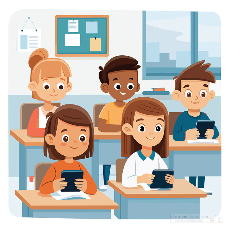 Happy students using digital tablets at desks in modern classroom setting