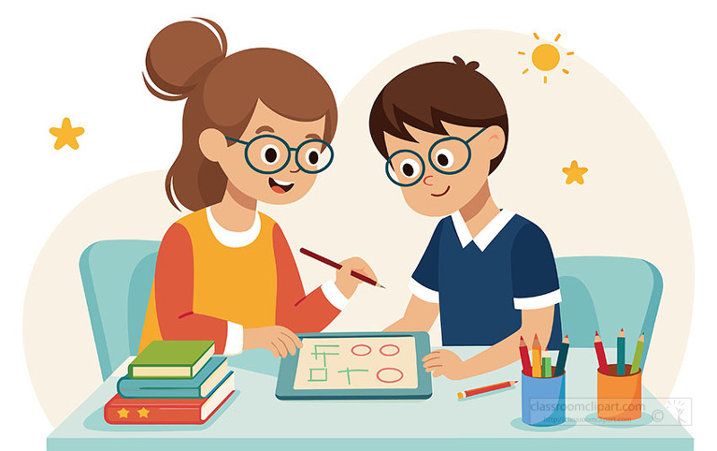 Smiling students work through math exercises at classroom desk