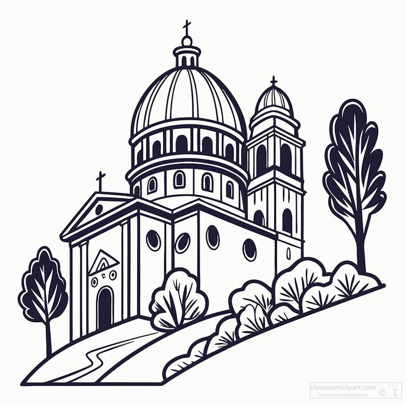 A majestic church with a grand dome stands elegantly on a hillside surrounded by lush greenery The setting sun casts a warm glow enhancing the serene atmosphere