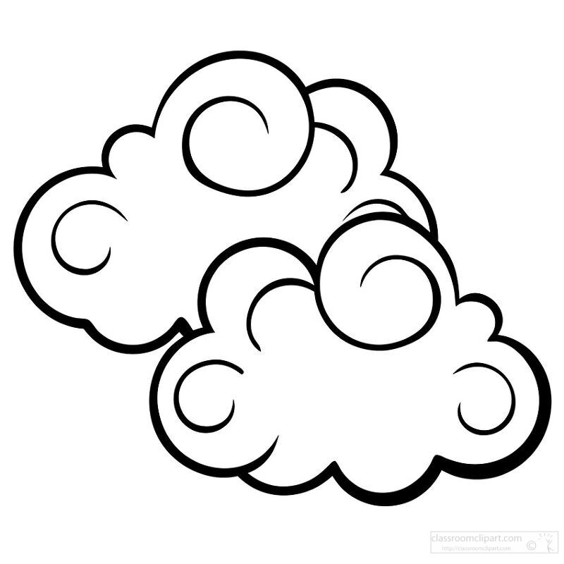 Two stylized clouds with swirling patterns, outlined in black. The clouds are fluffy and cartoonish, suitable for illustrations or designs.