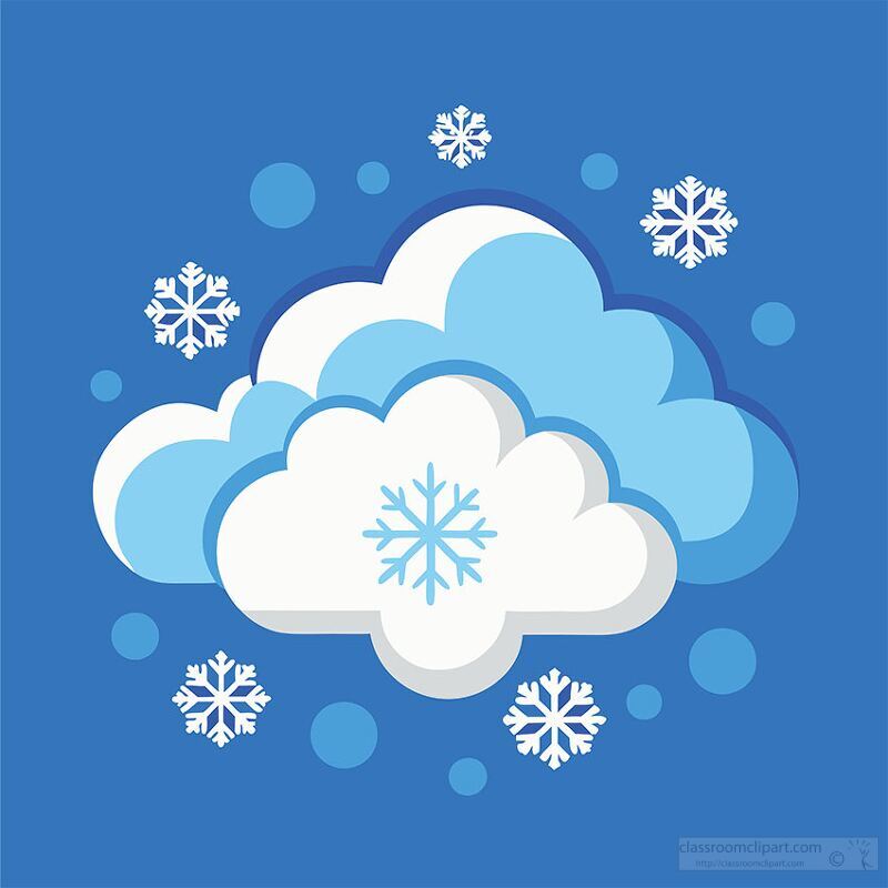 A colorful illustration featuring fluffy white clouds against a bright blue background, with snowflakes scattered around. The clouds are stylized with light blue accents and a central snowflake design.