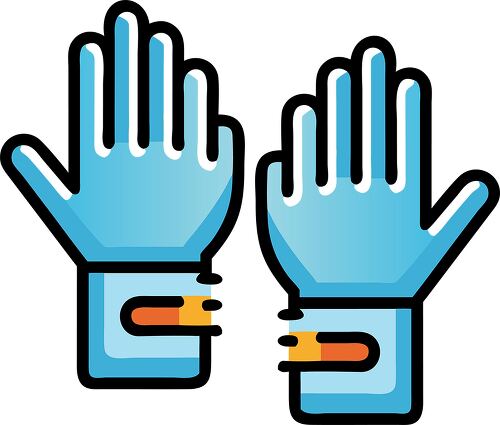 Two stylized hands, one yellow and one blue, with colorful cuff