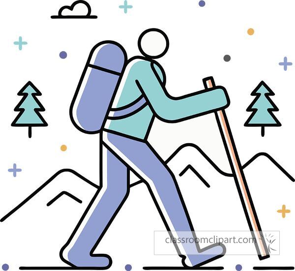 A stylized illustration of a hiker with a backpack walking through a mountainous landscape, surrounded by trees and clouds. The design features simple lines and pastel colors.