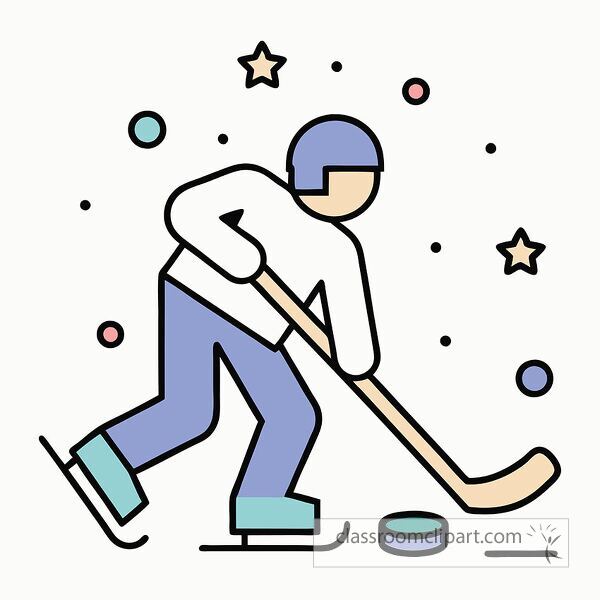 A stylized illustration of a hockey player skating and preparing to hit a puck. The player is wearing a blue helmet and white jersey, with colorful dots and stars in the background.