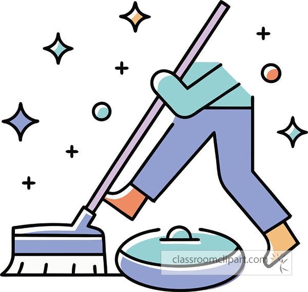 A stylized illustration of a person sweeping the floor with a broom. The figure is depicted in a minimalistic style, with colorful accents and sparkles around, suggesting cleanliness and tidiness.