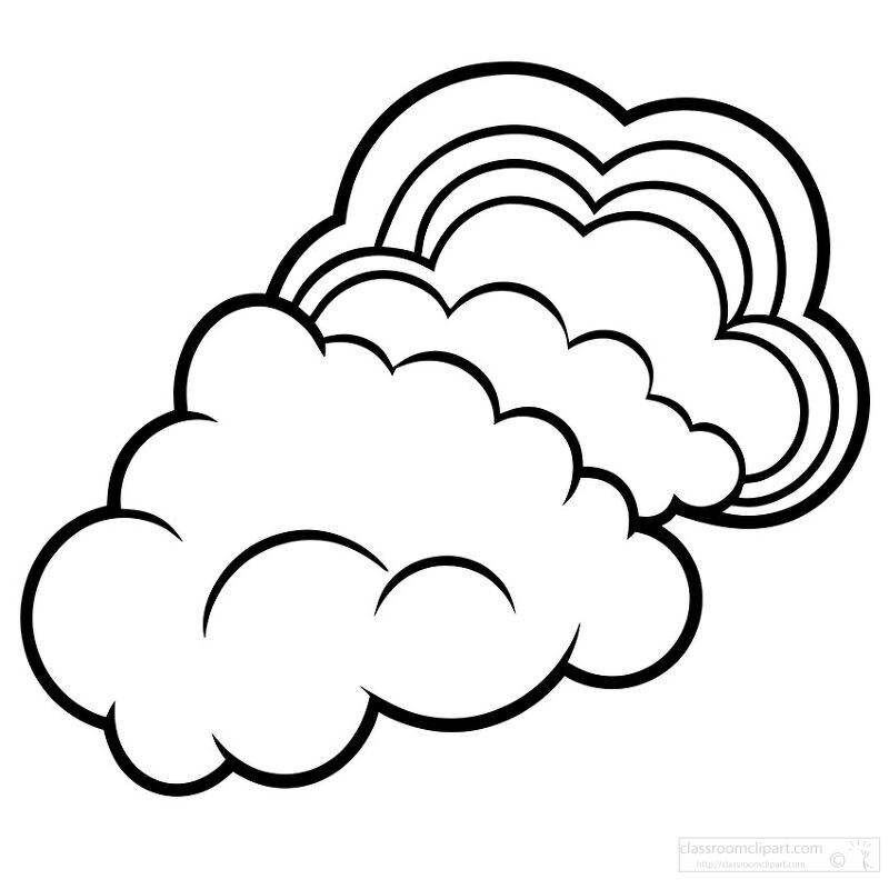 A stylized illustration of clouds with a layered design, featuring multiple curved lines and fluffy shapes. The clouds are outlined in black, creating a bold and graphic appearance.