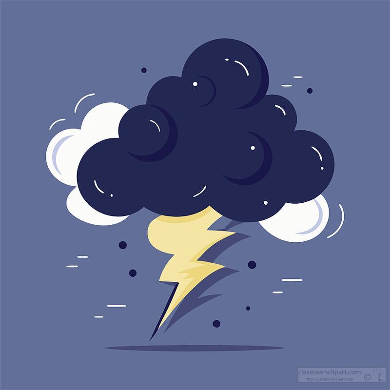 A stylized illustration of a dark cloud with a lightning bolt striking down. The cloud is fluffy with a mix of dark and light shades, set against a blue background.