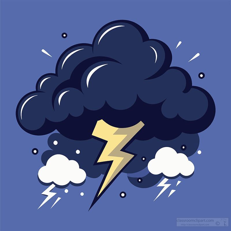 A stylized illustration of a dark cloud with a lightning bolt striking through it, surrounded by smaller clouds and lightning symbols on a blue background.