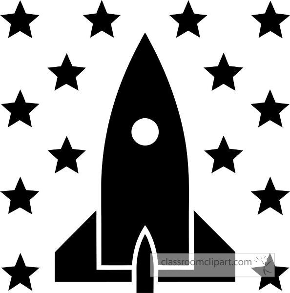 A stylized black rocket ship with a circular window surrounded by stars